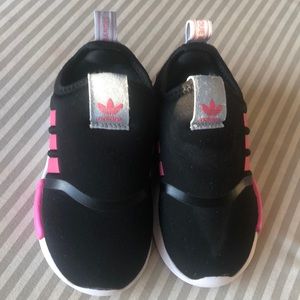 Children’s Adidas shoes, black and pink, size 9.